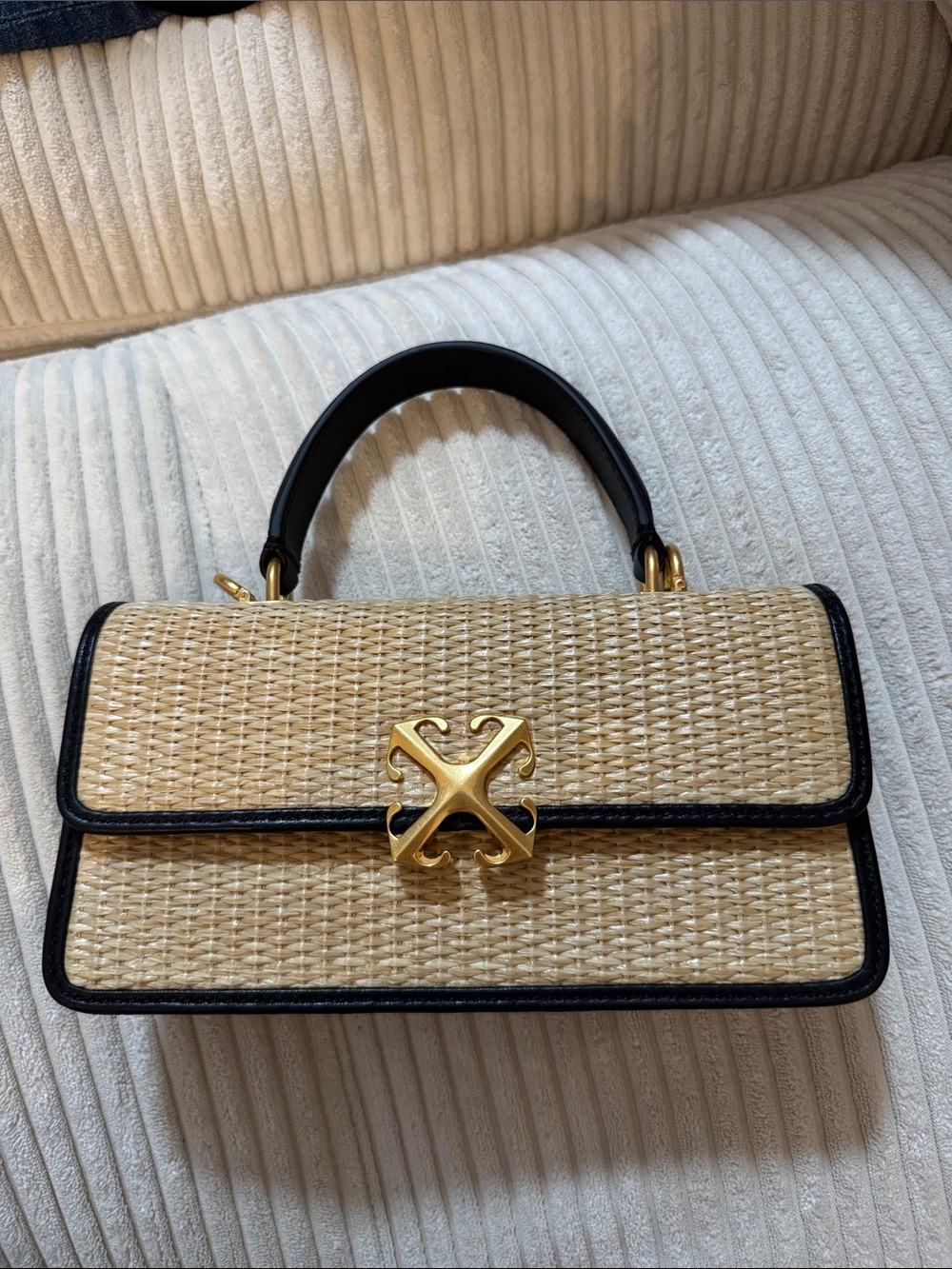Off White Gold-Tone Hardware Straw Top-Handle Bag with Black Trim